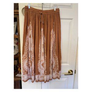 Philosophy Dark Peachy Boho Long Skirt Elastic Ties Bells White Print India